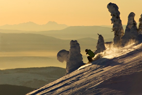 Sun Peaks CA, evening ski passed snow trees